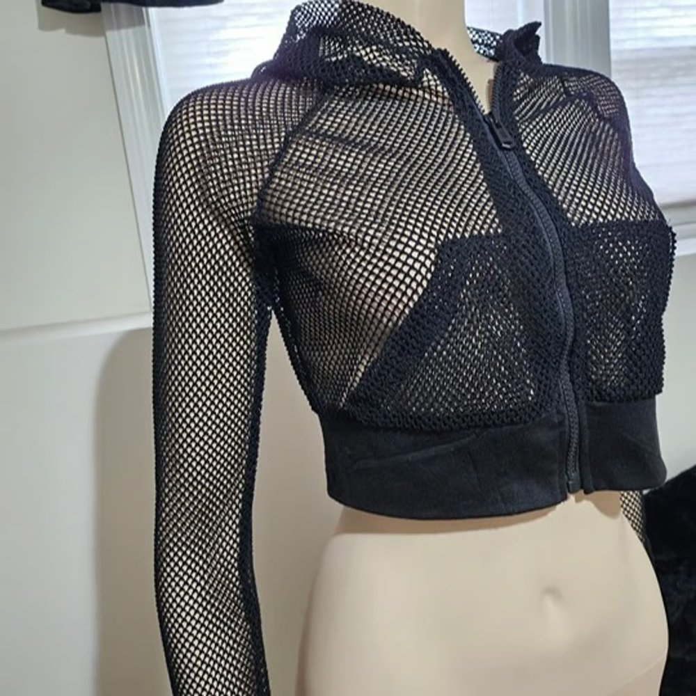 Cropped Crop Black Fishnet Hoodie Jacket Small